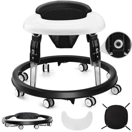 Baby Lauflernhilfe, One-Touch Folding Baby Walker, Lauflernwagen Anti-Roll 8-Rad-Rundfahrwerk, 7-Gang höhenverstellbar, Anti-Collision mit Bremse für von 6-18M (Schwarz)