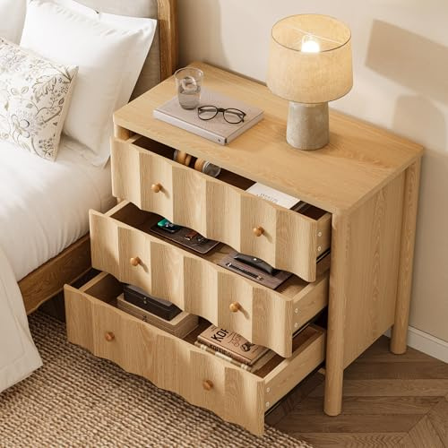 Tribesigns Nachttisch mit 3 Schubladen, Schlichter Beistelltisch mit gewellter Front, Nachtschrank für Schlafzimmer, Wohnzimmer 80 x 40 x 75 cm (helle Eichenfarbe)