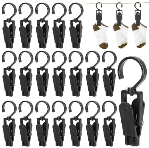 20 Pezzi di Gancio con Molla Nero, Metallo Ganci con Clip Antiscivolo, Clip Girevole 360° per Asciugamani, per Pantaloni, Scarpe, Asciugamani, Cappelli, Calzini