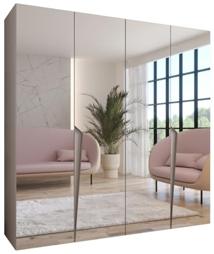 MEBLE KRYSPOL - Kleiderschrank - Garderobenschrank - 200 cm x 202 x 52 cm - Schrank mit Kleiderstange und Spiegel, 4 Türen - für Schlafzimmer, Flur - Piano, Kaschmir, Griff Kaschmir