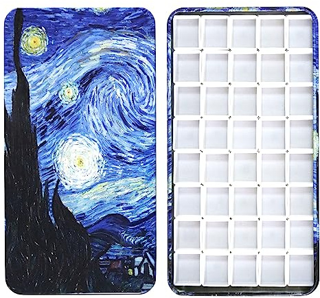 Empty Watercolor Tins Paint Palette with 40Pcs Empty Half Pans Carrying Magnetic Squares - Starry Night by Vincent Van Gosh