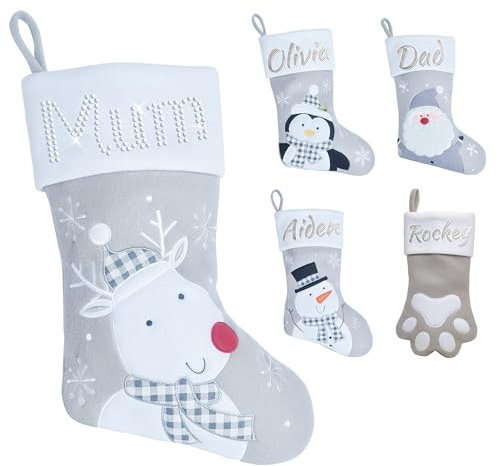 Varsany Premium Personalisierte Grau Rentier Weihnachtsstrümpfe - Passende Custom Xmas Strümpfe für Haustiere & Familie, Name Hund Strümpfe für Weihnachtsstrumpf, Urlaub Strümpfe Weihnachten