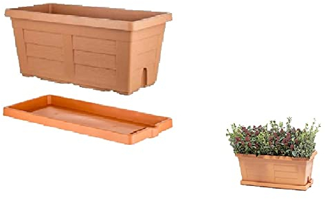 bama FIORIERA Effetto Legno CM.80X40X34H + SOTTOFIORIERA CM.80 Terracotta Piante Fiori Vaso + Omaggio Come da Foto