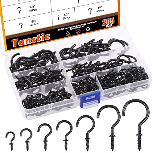 Tanstic 205Pcs Cup Hooks Kit Screw-in Cup Hooks Kit 7 Sizes Cup Screw Hooks Metal Ceiling Hooks for Hanging(1/2'', 5/8'', 3/4'', 7/8'', 1'', 1-1/4'', 1-1/2'')(Black)
