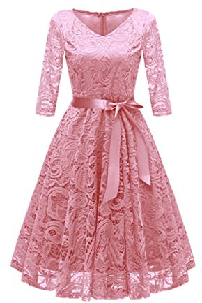 Coloody Robe de Cocktail Soirée pour Demoiselle d'honneur Mariage invité en Dentelle Florale Col en V Manches Courtes(B-Rose-L)