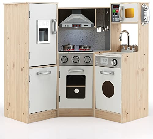 COSTWAY 9 en 1 Cuisine Enfants en Bois avec Effets Sonores & Lumières Réels, Jeu de Cuisine Bois Enfant avec Machine à Glaçons & Micro-Ondes, Jeu d'Imitation pour Garçon Fille de 3 Ans+