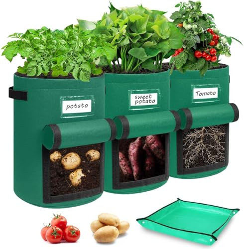 Airminti 3 Pièces Sac de Plantation 38 L, 10 Gallons Sac Geotextile Respirant avec Rabat Visible et Étiquettes pour Tomates, Poivrons, Carottes, Fraises, Plantes, Réutilisable