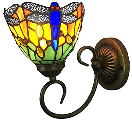 SanBouSi Retro Wandleuchte Tiffany Stil Farbige Glas Lampeschirm Wandlampe Libelle Nachttischlampe Innen für Wohnzimmer Schlafzimmer Treppenhaus E27