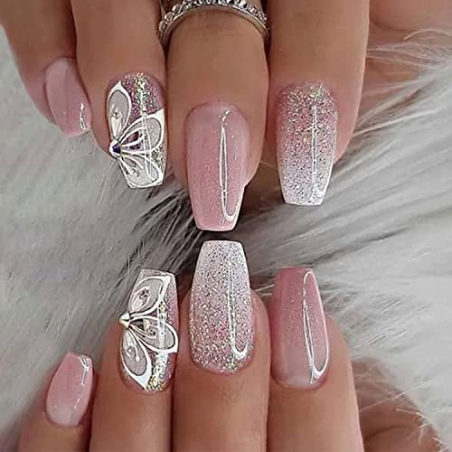 24Pcs Press on Nails Medium Length Gradient Pink Coffin Fake Nails with Butterfly Rhinestone Designs Shiny Glossy Acrylic Full Cover False Nails for Women Girls Nail Art Manicure Decoration