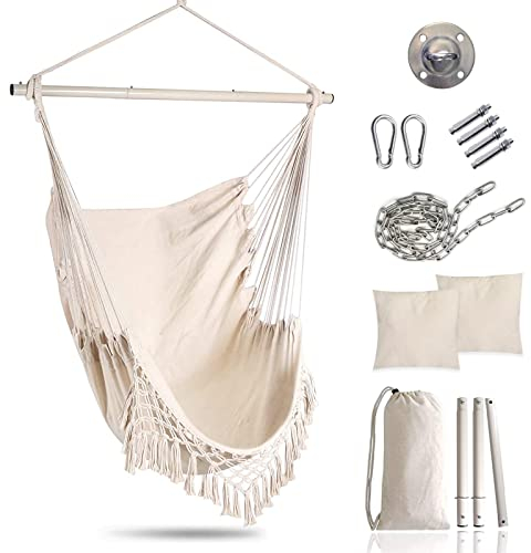 Mingfuxin Swing Chair, Portable Hammock Hanging Chairs with 2 Cushions Detachable Metal Support Bar Side Pocket for Indoor Outdoor, Hammock Chair for Patio Bedrooms Teen Girls Room (White)