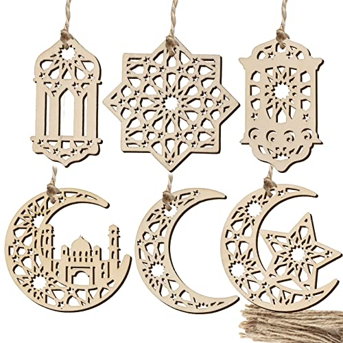 24 Stück Ramadan Holz Anhänger 8cm Eid Mubarak Hängende Ornamente mit Ramadanlaterne Mond Stern Form Ramadan Dekoration für Islamisches Fest Ramadan Eid Deko Wand Tür Fenster usw.
