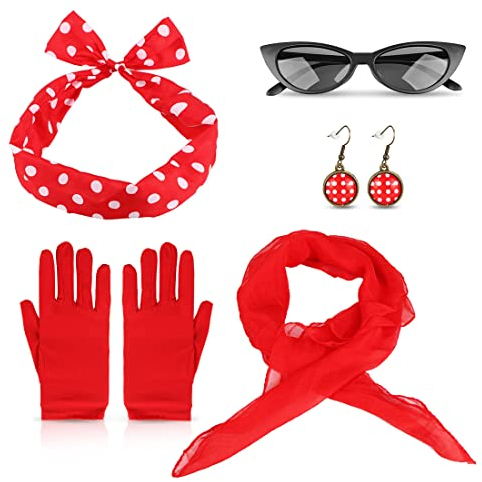 Aurasky Rockabilly Accessoires 50er Jahre, Kostüm Damen Zubehör Rot, Kleidung Vintage Zubehör 60er mit Stirnband Schal Brille Handschuhe Kleid für Karneval Motoparty Retro Teily Party