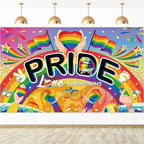 DPKOW Groß Regenbogen Pride Banner Flagge für LGBT Deko, Regenbogen Gay Pride Hintergrund Banner für Innen Außen Deko, Regenbogen Flagge Banner für LGBTQ CSD Accessoire Pride Parade, 185 * 110cm