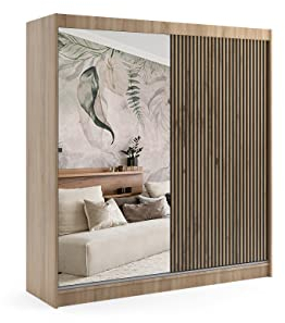 ALTDECOR Kleiderschrank mit Spiegel und Schiebetüren, kugelgelagerte Führungsschienen und Aluminium-Leisten - VILAN - 200 cm Sonoma Eiche + Lamelle Eiche Wotan + Spiegel