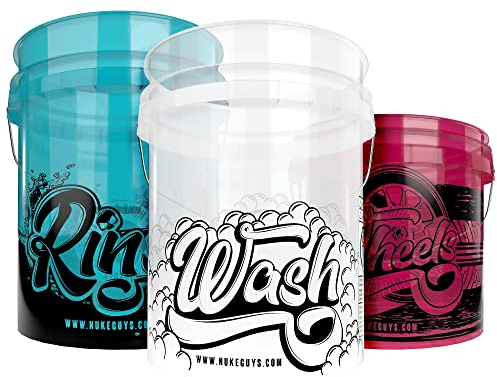 Nuke Guys Lot de 3 Seaux Transparents pour Lavage de Voiture - Kit de Nettoyage Extérieur, Accessoires pour Moto et Vélo