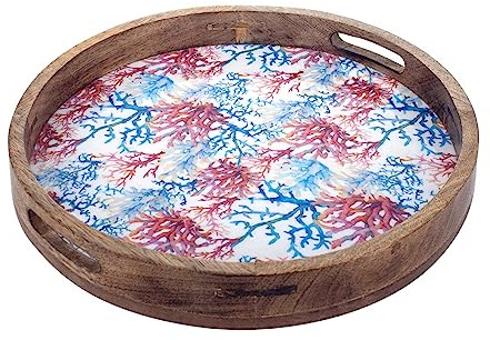 Signes Grimalt Vassoio da portata rotondo, legno di mango e tema corallo, blu e rosso, L 35 cm.