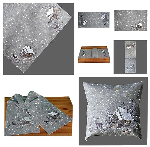 Tischdecke Mitteldecke Tischläufer Kissenhülle Winter grau braun Bestickt mit Motiv Winterwald Elch goldene Sterne (30 x 45 cm Tischset)