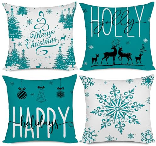 Miaikoe Teal Weihnachten Kissenbezüge 50x50 Set von 4 Weihnachtsdekorationen Glückliche Feiertage Holly Jolly Schneeflocke Frohe Weihnachten Dekor Wurf Kissenbezug für Home Couch Sofa Deco