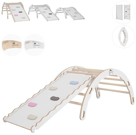 MAMOI® Klettergerüst Indoor 3 in 1 Set. Montessori Kletterbogen mit Kissen, Indoor Spielplatz 1-3 Jahre und Rutsche für Kinder.