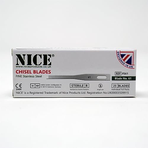 25 x NICE FINE 61 Sterile Individually Packed Stainless Steel Chisel Blades FS61 for Podiatry and Chiropody