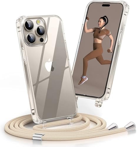 COBATREE Clear Phone Case for iPhone 15 Pro, Lanyard Rope Crossbody Shockproof Phone Pouch Cover with Adjustable Strap for Outdoor Travel-Beige