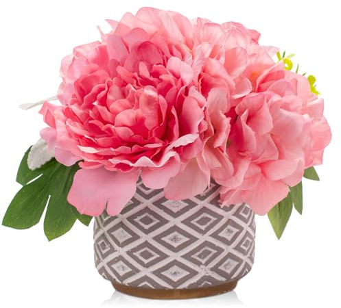 Hollyone Artificial Flowers in Pot, Pink Silk Peonies Fake Hydrangeas Potted, Faux Flower Arrangements with Cement Pot for Home Decor, Wedding, Centerpiece, Living Room, Office, Bathroom Decorations