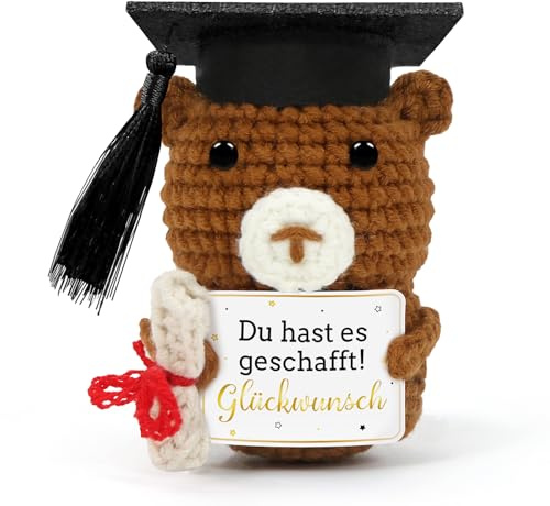 Aurasky Gestrickter Bär mit Doktorhut, Kreative Strickwolle Bear Puppe, Abitur Deko, Pocket Hug Mini Bär, Abschluss Geschenk für ABI Bachelor Master Doktor Abschlussfeier C27