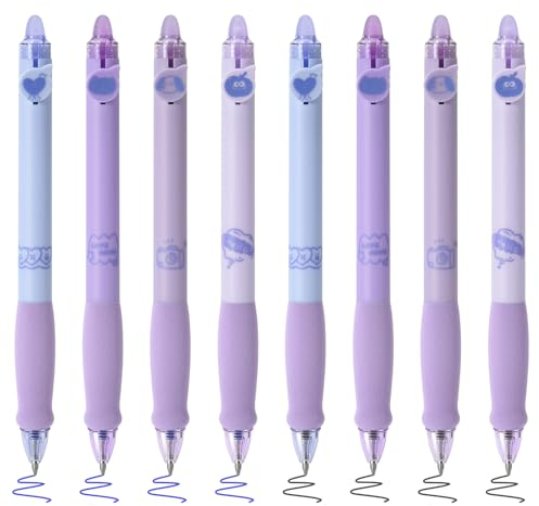 BAYTORY 8 Penne Cancellabili, Penna Cancellabile, Penne Gel, Penne a Scatto, Penne Punta Fine con Gomma Trasparente, 4 Blu Inchiostro e 4 Nero, Punta Fine, Scrittura Liscia (Viola)