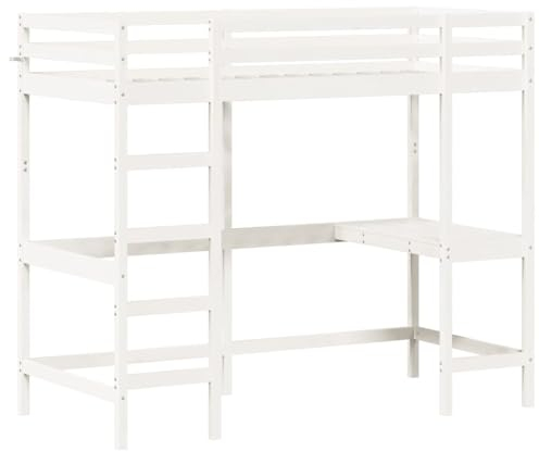 vidaXL Hochbett mit Schreibtisch, Bett für Kinder ab 6 Jahren, Stockbett mit Sperrholzlatten, Etagenbett Kinderbett, Weiß 100x200cm Massivholz Kiefer