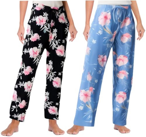 MoFiz Pantaloni Lunghi da Pigiama Donna Morbidi Pantaloni Larghi da Notte con Tasche per Yoga Jogging 2 Pack- Fiori, M