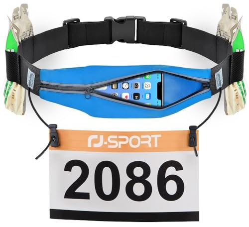 RJ-Sport Laufgürtel für Handy - wasserdichte Lauftasche, Sportgürtel Hüfttasche, Triathlon Startnummernband Laufgurt mit Bauchtasche & Verstellbarem Gummiband & Nummernhalter &6 Gel-Halter (Blau)