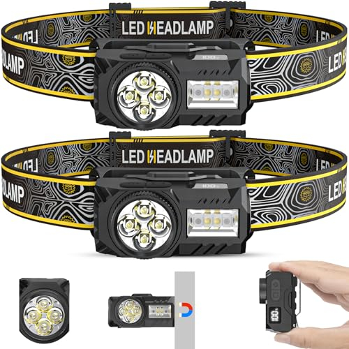 【2 Stück】 Stirnlampe LED Wiederaufladbar Kopflampe Rotlicht, Superhell 2000 Lumen 17 Stunden Laufzeit 7 Modi IPX5 Wasserdichte Headlamp, USB Aufladbar Stirnlampen für Camping Survival Angeln Wandern