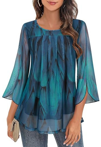 Gemulate Blouses for Women UK Elegant Ladies Evening Tops for Women UK Blouses Ruffle 3/4 Sleeve Loose Flowy Round Neck Double Layers Mesh Shirts - Peacock Blue, M