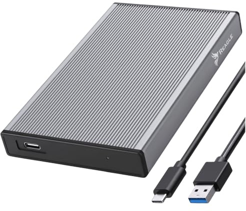 Reagle Festplattengehäuse 2,5 Zoll für HDD & SSD (SATA I/II/III) USB 3.2 Gen 1, 6 Gbit/s Werkzeuglos Aluminium USB-C auf USB-A/C Kabel Plug & Play für Windows, Mac, Linux
