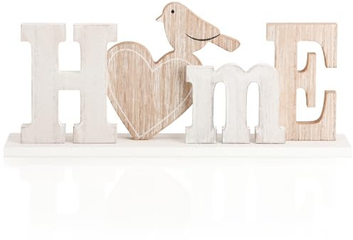 com-four® Holz-Dekoration Schriftzug - Zeitlose Tischdeko - stilvoller Deko-Aufsteller aus Holz mit Herz und Vogel - Wohnraumdekoration im Vintage-Stil - großes Holzschild (1 Stück - Home - L)