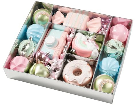 58-teiliges pastellfarbenes Weihnachtsschmuck-Set, verschiedene bunte Süßigkeiten-Donut-Weihnachtskugeln, bruchsichere Macaron-Weihnachtskugeln, hängende Dekorationen für Weihnachtsbaum/Party/Urlaub