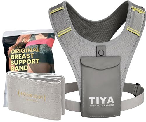 TIYA Women's Running Vest + Boobuddy Breast Support Band - Zero Bounce Runners Accessory Set - 100% Waterproof Phone Holder Pouch & High Impact Compression Chest Strap (Grey), Medium