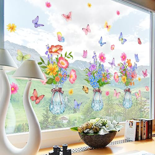 WandSticker4U®- Fensterbilder Sommer selbstklebend BLUMEN IN GLASVASEN bunt (84x56 cm) I Fensteraufkleber Fenstersticker Blumen Kinderzimmer Schlafzimmer Bad Küche Fensterdekoration wiederverwendbar