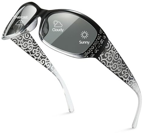 TJUTR Polarisierte Selbsttönende Sonnenbrille für Damen mit UV400 Schutz Adaptive Lens und Strass Dekoration Wellenmuster Bügel für Autofahren, Sport & Alltag