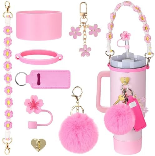 Stanley Accessories, 8 Pcs Stanley Cup Accessories Including Water Bottle Handle Strap, Protective Silicone Cup Boot, Silicone Straw Cover, Charms for Stanley Cup 40oz & 30oz Tumbler (Rose red)