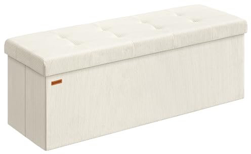 SONGMICS Banc de Rangement, Pouf Pliable, 38 x 110 x 38 cm, Bout de Lit, Repose-Pieds, Coffre de Rangement, Charge jusqu'à 300 kg, pour Salon, Chambre, Entrée, Blanc Crème LSF604W01