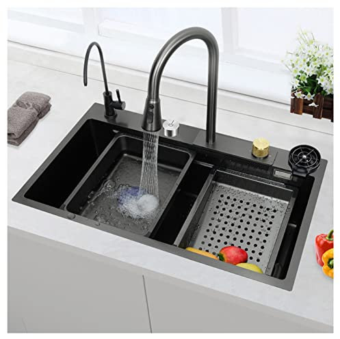 GLJTUO Fregadero De Cascada Nano De Acero Inoxidable 304, Fregadero De Una Sola Estación con Grifo Extraíble, Lavaplatos Presurizado
