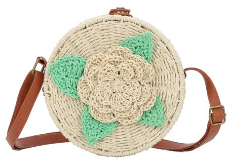 Ynport Crefreak Femmes Rond Sac En Paille Tissé À La Main Plage Bandoulière Bandoulière Sac À Main Sac À Main Chic Naturel Cercle Boho Sac Pour Vacances Rencontre Plage,Beige