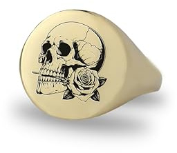 Bague Chevalière Tête de Mort en Or 14k - Bijoux Personnalisés Tête de Mort avec Rose - Bague Unisexe Old School Tatouée