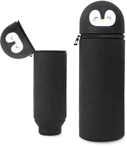MPXEAVG Trousse Ecole 2 en 1 en Silicone Souple, Trousse Silicone Verticale, Panda Pochette de Stylo, Fermeture à Glissière, pour Fournitures Scolaires de Grande Capacité (Pingouin Noir)