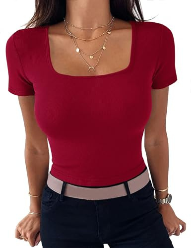 Aottori Red T Shirts for Women Summer Short Sleeve Tops Ladies Square Neck Ribbed Slim Fit Tee Shirts Casual Lightweight Basic Tunic Top Red L