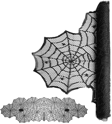 Halloween Tischläufer Halloween Tischdeko Spinnennetz Tischdecke Spitze Schwarz, 45 x 183 cmHalloween Deko Tischläufer Spinnennetze Deko für Scary Horror Party Mottoparty Outdoor Dekorationen