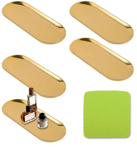 5 PCS Oval Gold Trays, Stainless Steel Gold Decorative Trays | Includes Cleaning Cloth, Rust-Proof & Easy Wipe, Holds Jewelry Keys Candles Snacks, Great for Kitchen Bedroom Bath