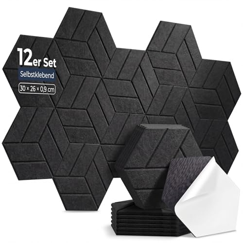AUSLET 12 Stück Hexagon Akustikplatten Selbstklebend, 30 x 26 x 0,9 cm Hohe Dichte schallabsorber wand, Schallschutzplatten für Studio, Büro, Akustische Behandlung und Gaming deko, Schwarz