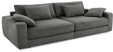 Großes Big-Sofa mit Bonellfederkern-Polsterung B290/T135/H90 cm, Lounge-Couch mit Rückenkissen und Zierkissen, weicher und robuster Trend-Bezug aus Flachgewebe in Dunkelgrau / 15248